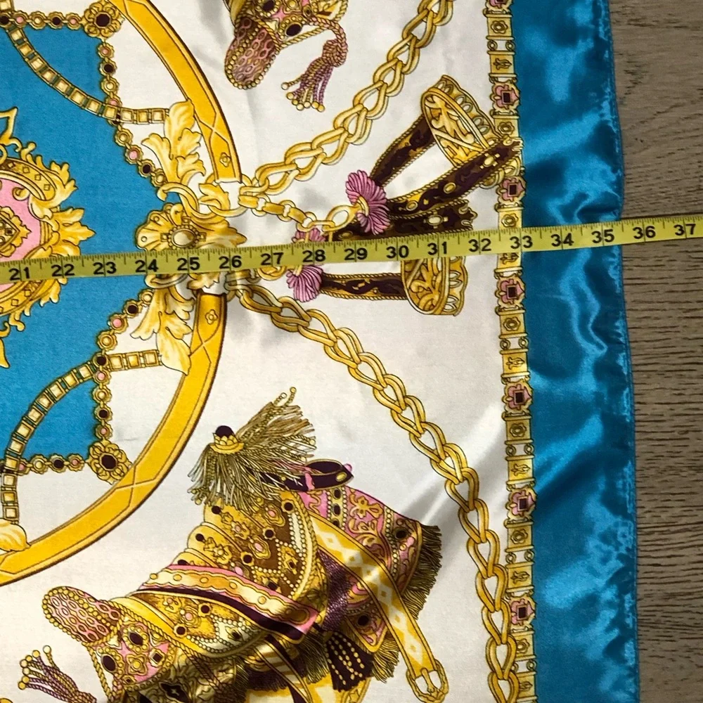 Scarf Square Satin Charmeuse 36 inches Turquoise Aqua Blue Gold Chain Design